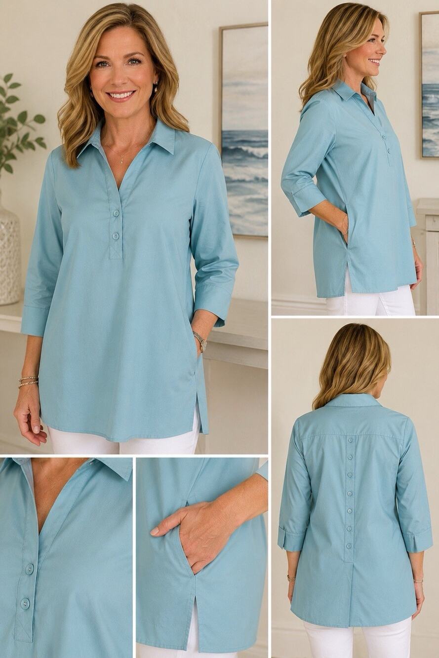 Foxcroft Wrinkle Free Blue Tunic Blouse Size 8 Hidden Pockets